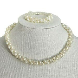 White Freshwater‎ Pearls With Crystals Woven Thread Necklace Set Magnetic Clasp